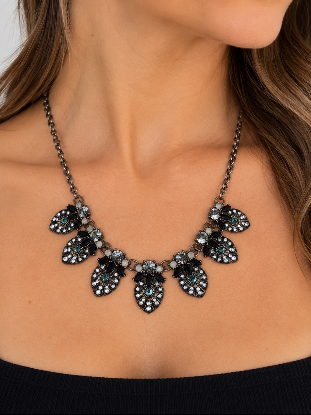 Vintage Inspired Rhinestone Statement Necklace Gunmetal Crystal Bib Necklace